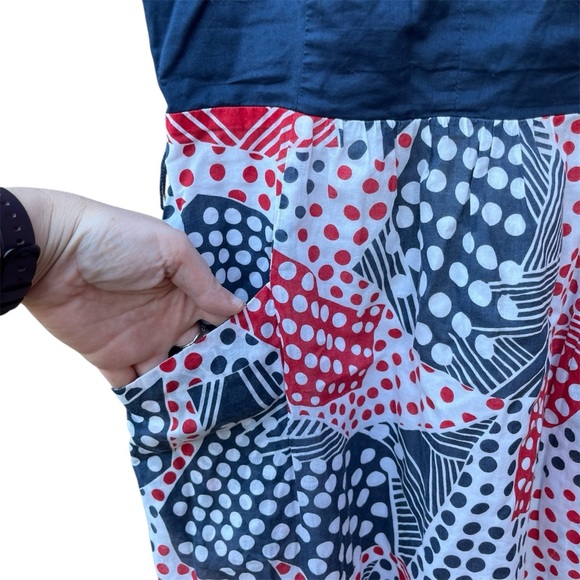 Odille Blue and Red Cotton Polka Dot Patterned Dress - Picture 2 of 13